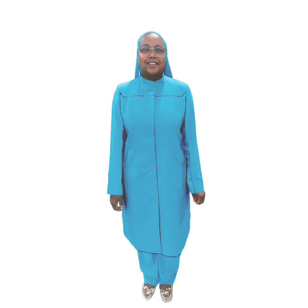 Full-body view of Maalikah modeling the Qiana three-piece cerulean wave garment, designed for Muslim sisters in the Nation of Islam who value women's modest clothing.