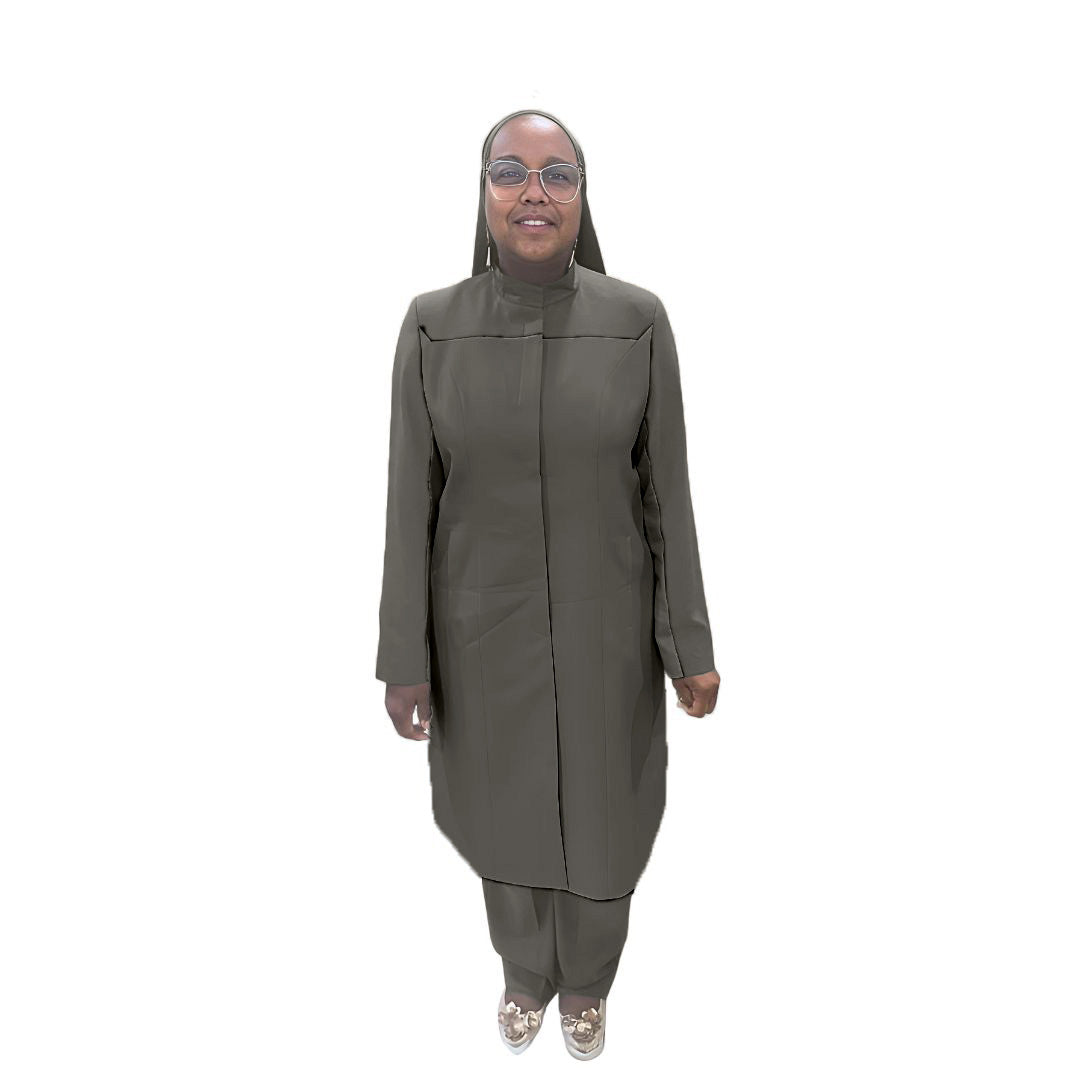 Full-body view of Maalikah modeling the Qiana three-piece charcoal grove garment, designed for Muslim sisters in the Nation of Islam who value women's modest clothing.