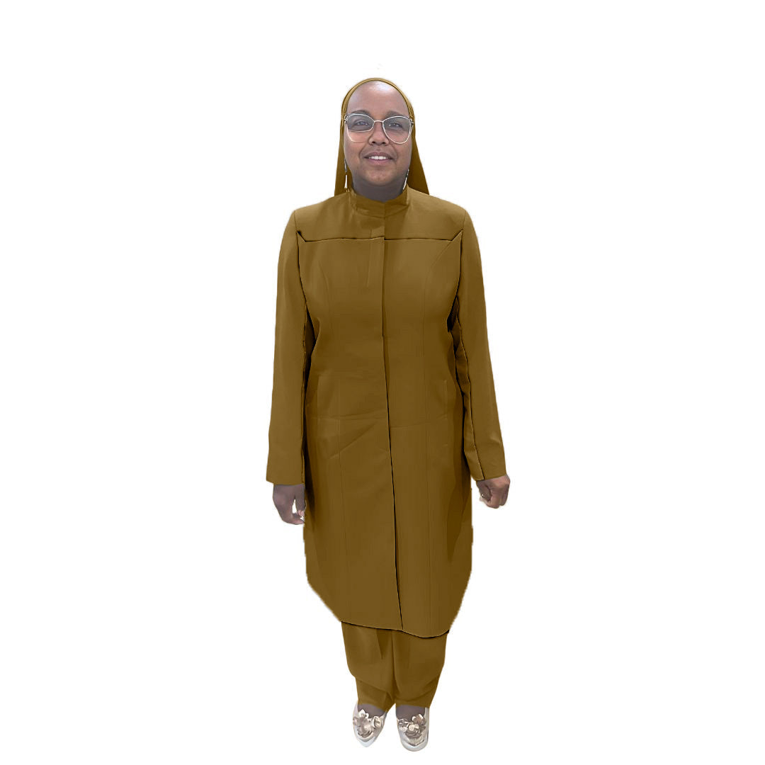 Full-body view of Maalikah modeling the Qiana three-piece cocoa dreams garment, designed for Muslim sisters in the Nation of Islam who value women's modest clothing.