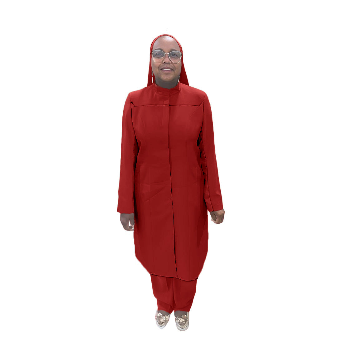 Full-body view of Maalikah modeling the Qiana three-piece crimson embrace garment, designed for Muslim sisters in the Nation of Islam who value women's modest clothing.