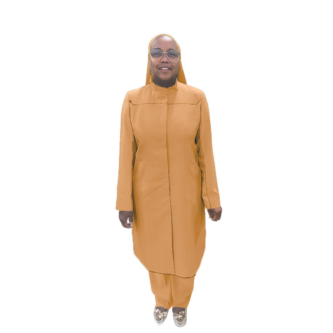 Full-body view of Maalikah modeling the Qiana three-piece desert peach garment, designed for Muslim sisters in the Nation of Islam who value women's modest clothing.