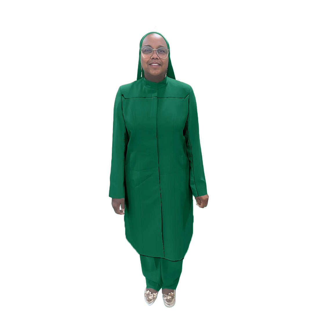 Full-body view of Maalikah modeling the Qiana three-piece emerald green garment, designed for Muslim sisters in the Nation of Islam who value women's modest clothing.