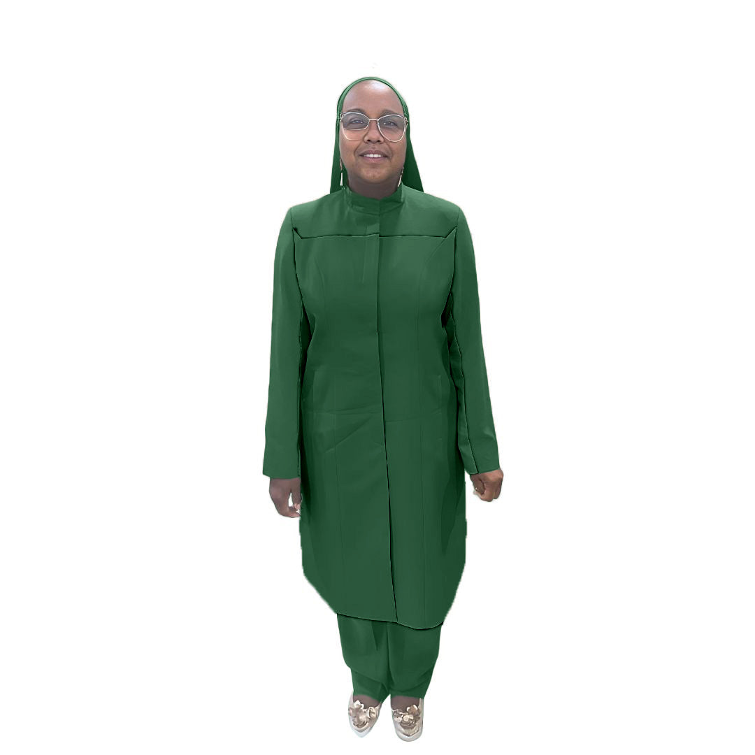 Full-body view of Maalikah modeling the Qiana three-piece evergreen essence garment, designed for Muslim sisters in the Nation of Islam who value women's modest clothing.