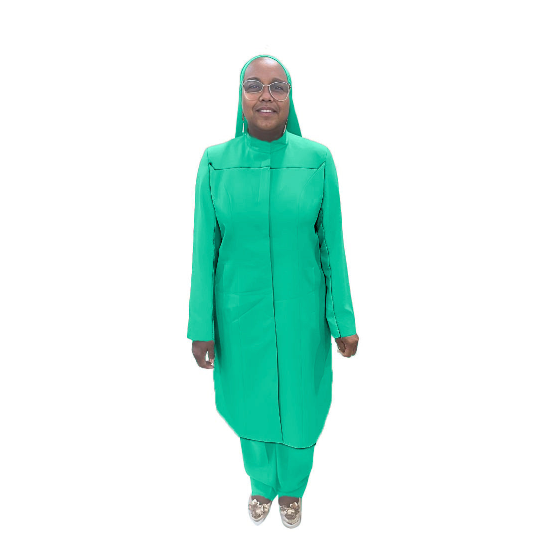 Full-body view of Maalikah modeling the Qiana three-piece jade glow garment, designed for Muslim sisters in the Nation of Islam who value women's modest clothing.