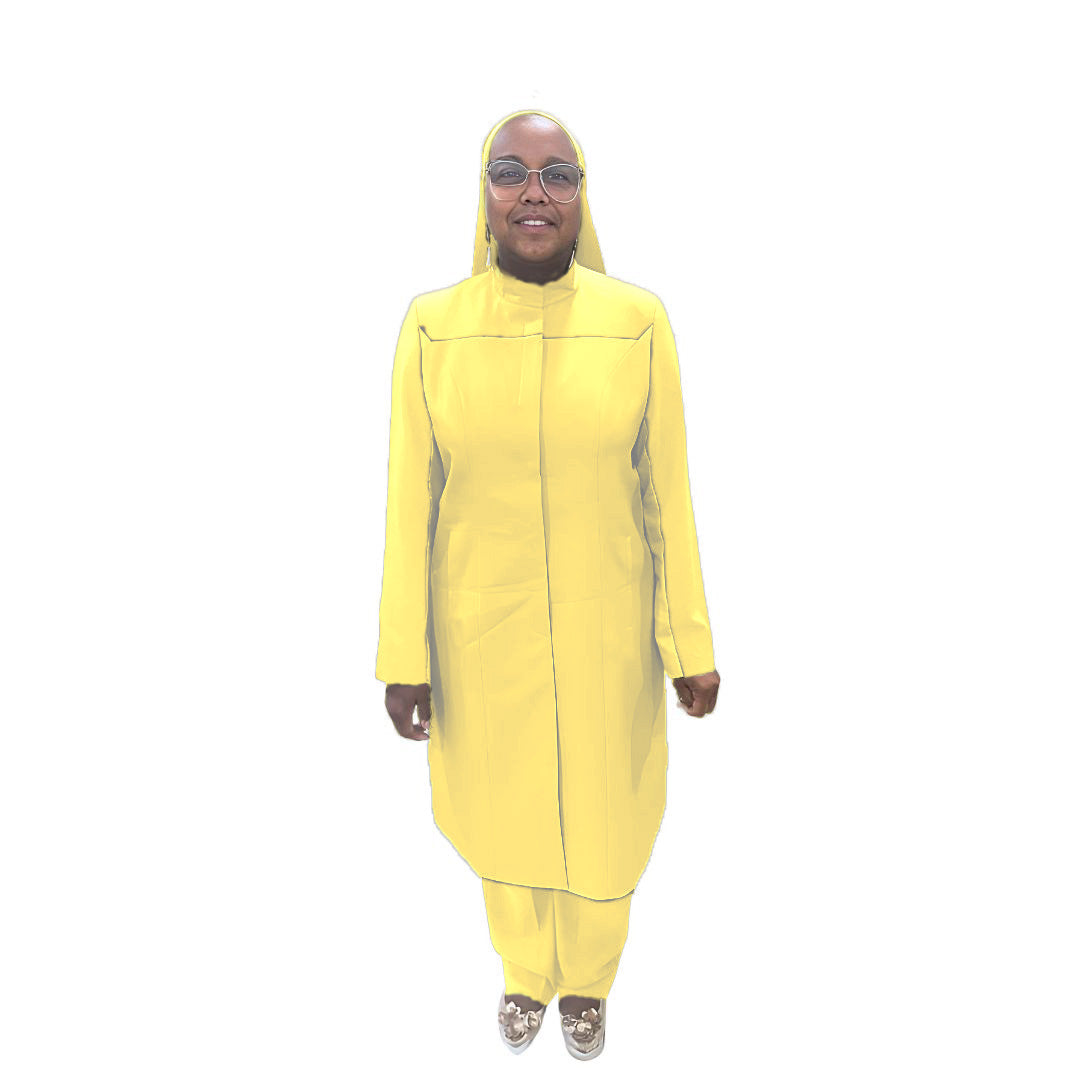 Full-body view of Maalikah modeling the Qiana three-piece lemon zest garment, designed for Muslim sisters in the Nation of Islam who value women's modest clothing.