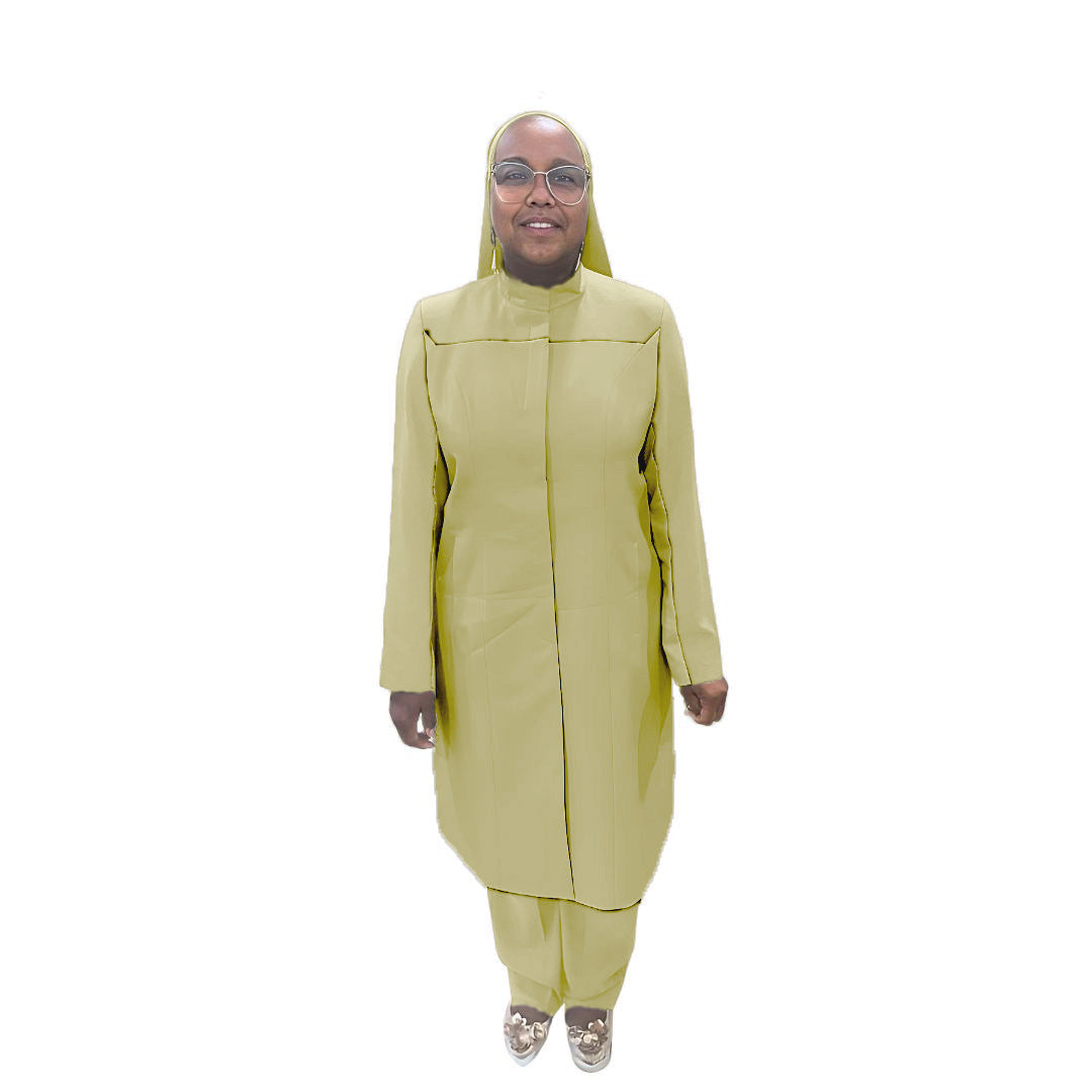 Full-body view of Maalikah modeling the Qiana three-piece mushroom garment, designed for Muslim sisters in the Nation of Islam who value women's modest clothing.