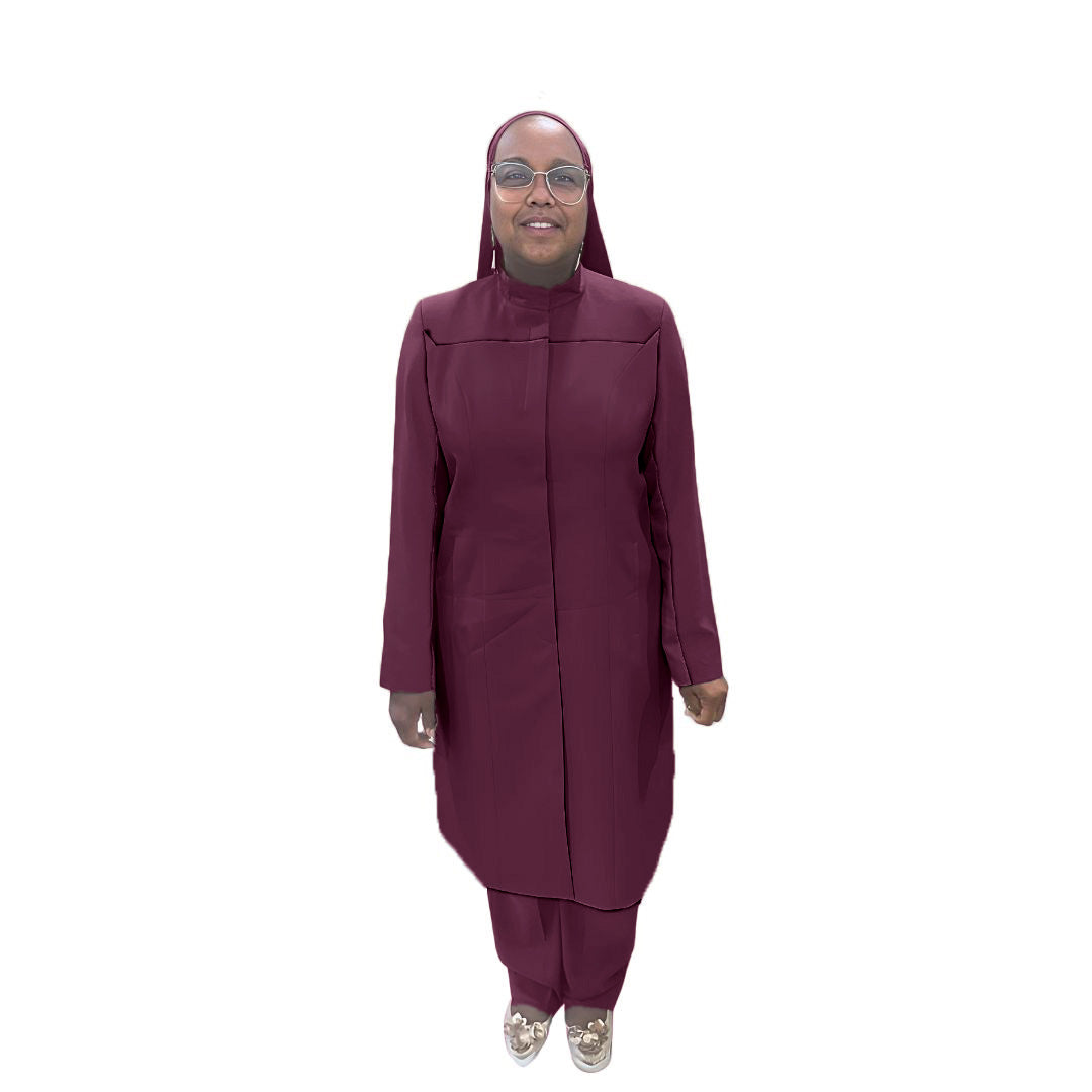 Full-body view of Maalikah modeling the Qiana three-piece mystic berry garment, designed for Muslim sisters in the Nation of Islam who value women's modest clothing.