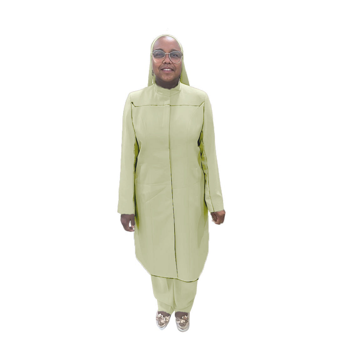 Full-body view of Maalikah modeling the Qiana three-piece pearl whisper garment, designed for Muslim sisters in the Nation of Islam who value women's modest clothing.