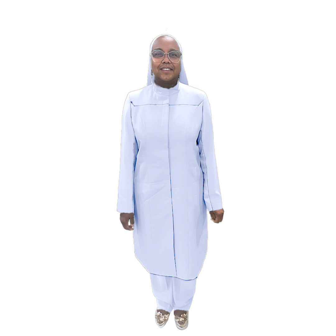 Full-body view of Maalikah modeling the Qiana three-piece periwinkle garment, designed for Muslim sisters in the Nation of Islam who value women's modest clothing.