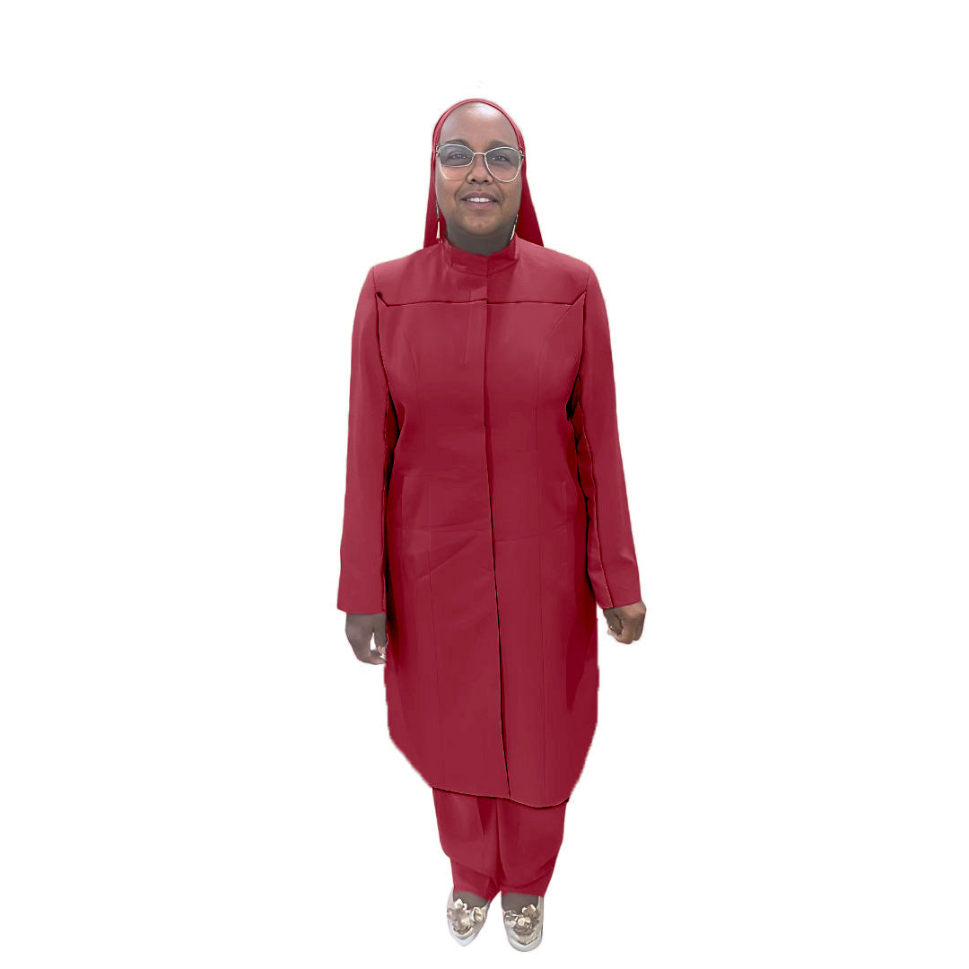 Full-body view of Maalikah modeling the Qiana three-piece radiant ruby garment, designed for Muslim sisters in the Nation of Islam who value women's modest clothing.