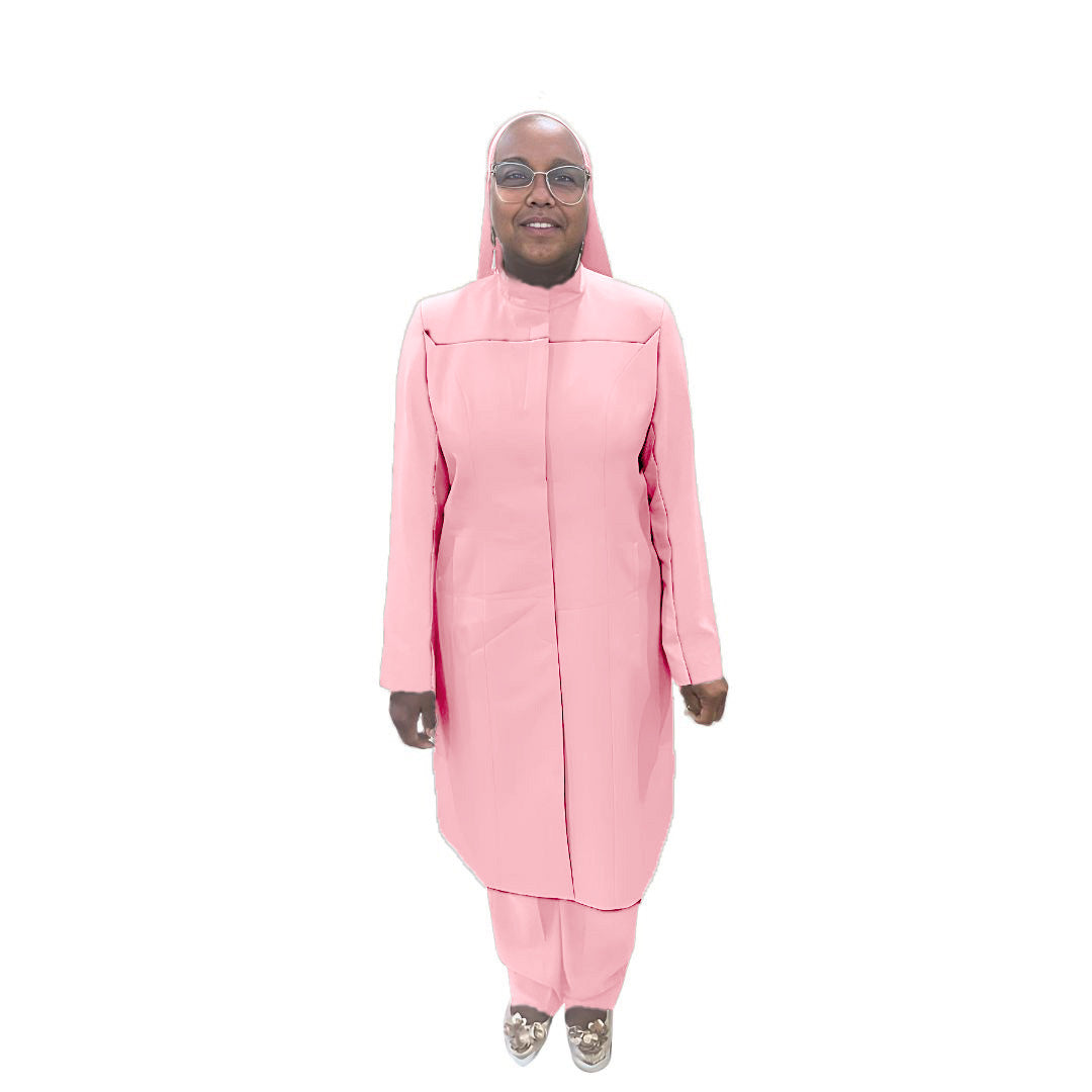 Full-body view of Maalikah modeling the Qiana three-piece rosewater glow garment, designed for Muslim sisters in the Nation of Islam who value women's modest clothing.