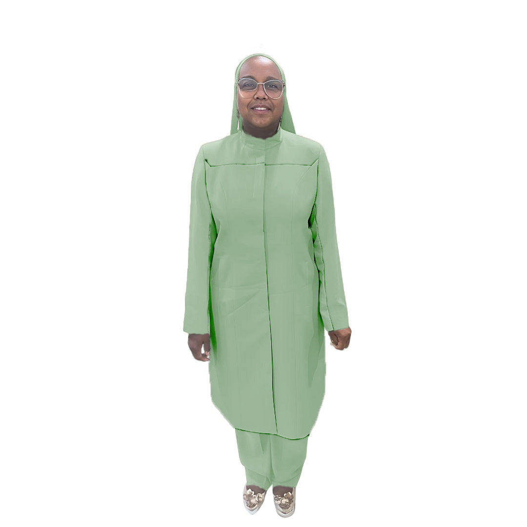 Full-body view of Maalikah modeling the Qiana three-piece sage serenity garment, designed for Muslim sisters in the Nation of Islam who value women's modest clothing.