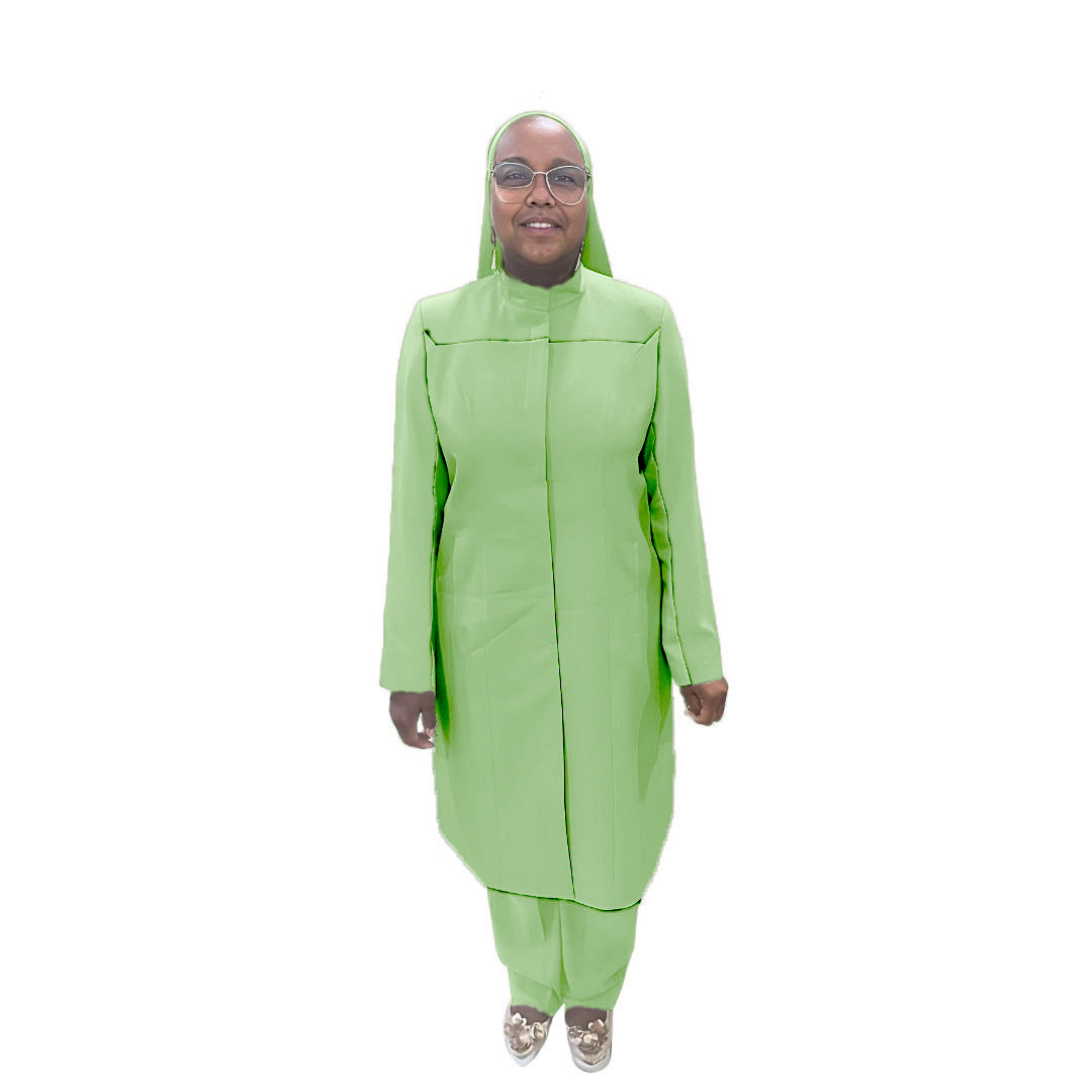 Full-body view of Maalikah modeling the Qiana three-piece sage whisper garment, designed for Muslim sisters in the Nation of Islam who value women's modest clothing.