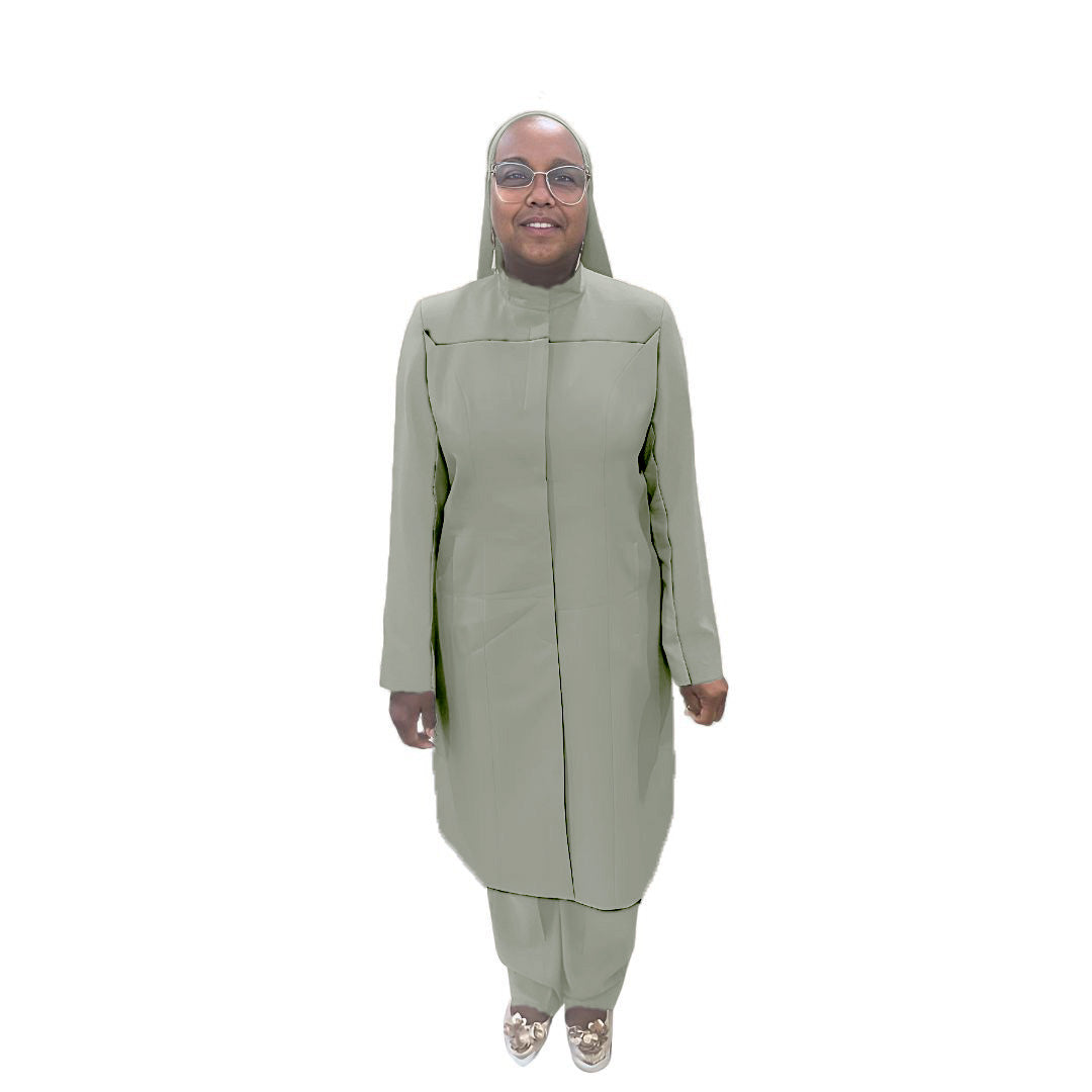 Full-body view of Maalikah modeling the Qiana three-piece soft stone garment, designed for Muslim sisters in the Nation of Islam who value women's modest clothing.