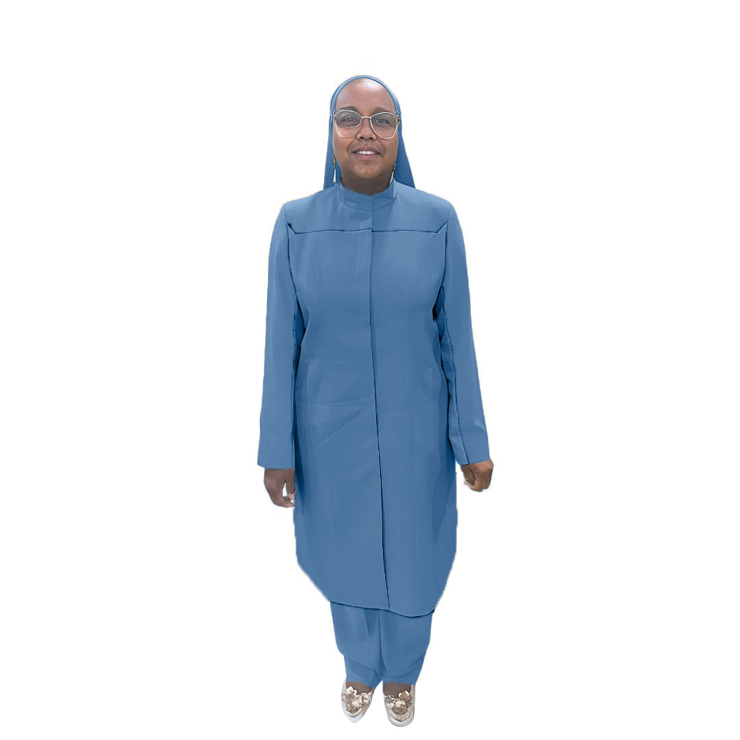 Full-body view of Maalikah modeling the Qiana three-piece steel blue garment, designed for Muslim sisters in the Nation of Islam who value women's modest clothing.