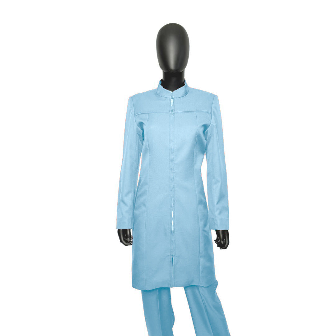 Whole body front view of the Najah three-piece baby blue garment on a mannequin, designed for Muslim sisters in the Nation of Islam who value women's modest clothing.