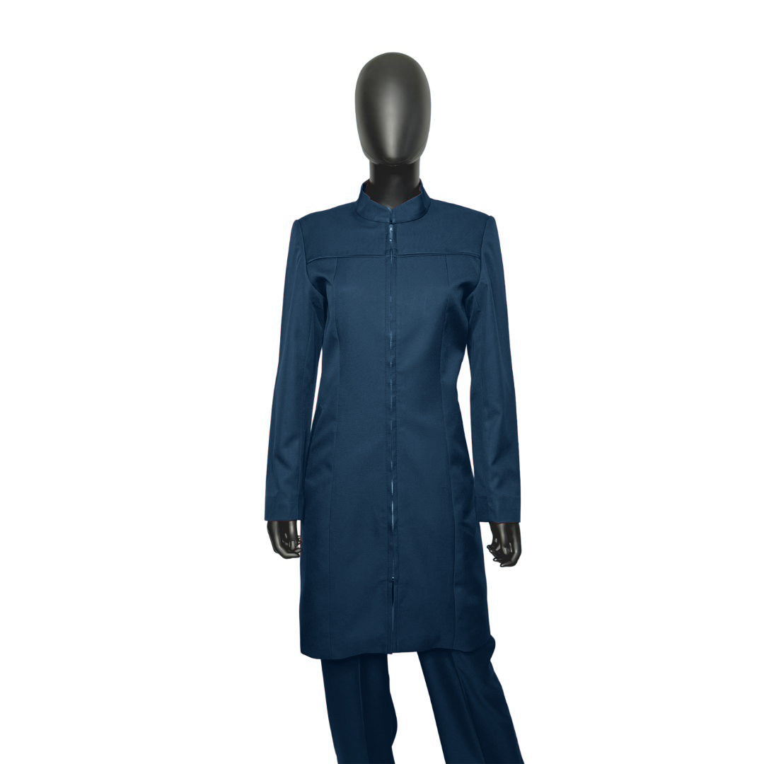 Whole body front view of the Najah three-piece blue onyx garment on a mannequin, designed for Muslim sisters in the Nation of Islam who value women's modest clothing.