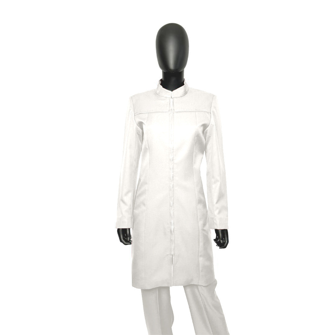 Whole body front view of the Najah three-piece brilliant white garment on a mannequin, designed for Muslim sisters in the Nation of Islam who value women's modest clothing.