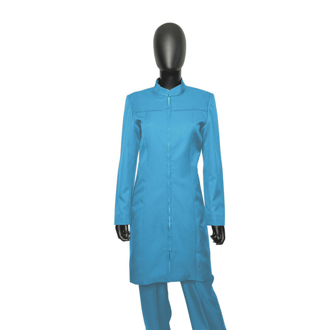 Whole body front view of the Najah three-piece cerulean wave garment on a mannequin, designed for Muslim sisters in the Nation of Islam who value women's modest clothing.