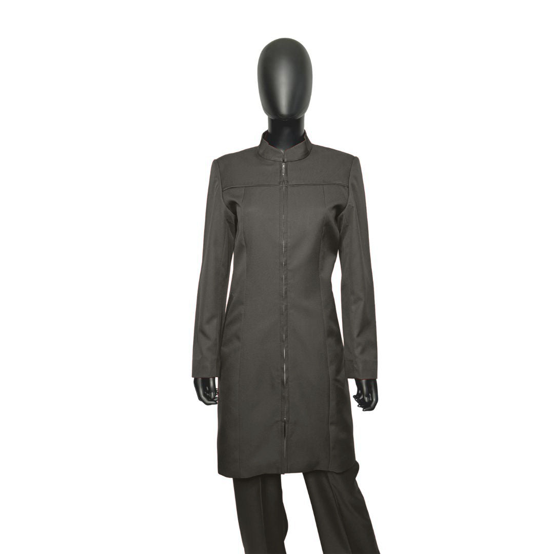 Whole body front view of the Najah three-piece charcoal grove garment on a mannequin, designed for Muslim sisters in the Nation of Islam who value women's modest clothing.