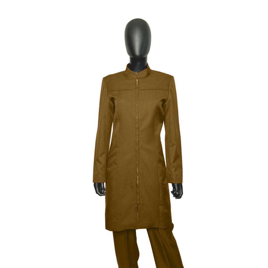 Whole body front view of the Najah three-piece cocoa dream garment on a mannequin, designed for Muslim sisters in the Nation of Islam who value women's modest clothing.