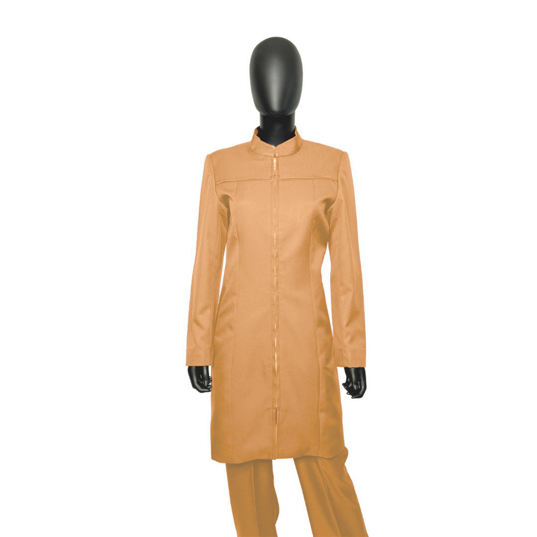 Whole body front view of the Najah three-piece desert peach garment on a mannequin, designed for Muslim sisters in the Nation of Islam who value women's modest clothing.