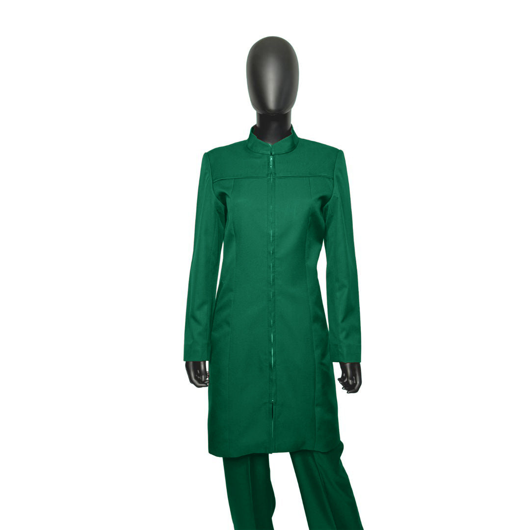 Whole body front view of the Najah three-piece emerald green garment on a mannequin, designed for Muslim sisters in the Nation of Islam who value women's modest clothing.