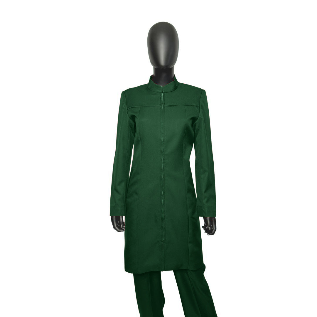 Whole body front view of the Najah three-piece evergreen essence garment on a mannequin, designed for Muslim sisters in the Nation of Islam who value women's modest clothing.