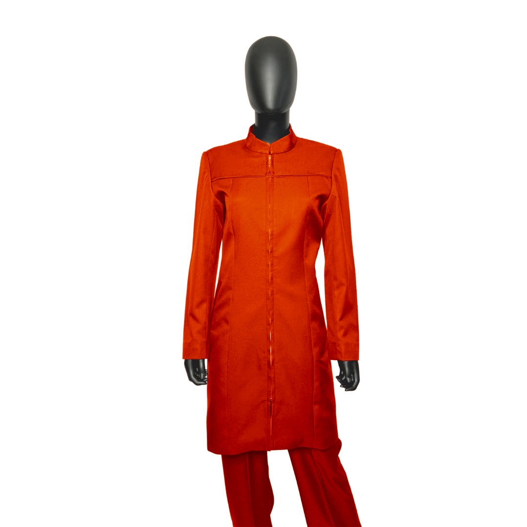 Whole body front view of the Najah three-piece fiery coral garment on a mannequin, designed for Muslim sisters in the Nation of Islam who value women's modest clothing.