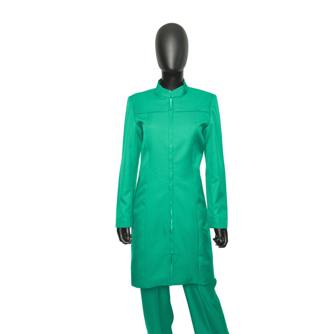 Whole body front view of the Najah three-piece jade glow garment on a mannequin, designed for Muslim sisters in the Nation of Islam who value women's modest clothing.