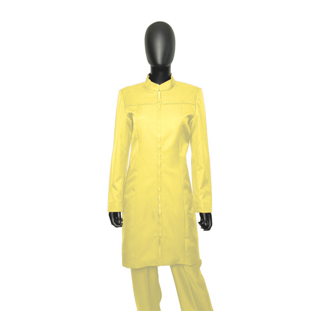 Whole body front view of the Najah three-piece lemon zest garment on a mannequin, designed for Muslim sisters in the Nation of Islam who value women's modest clothing.