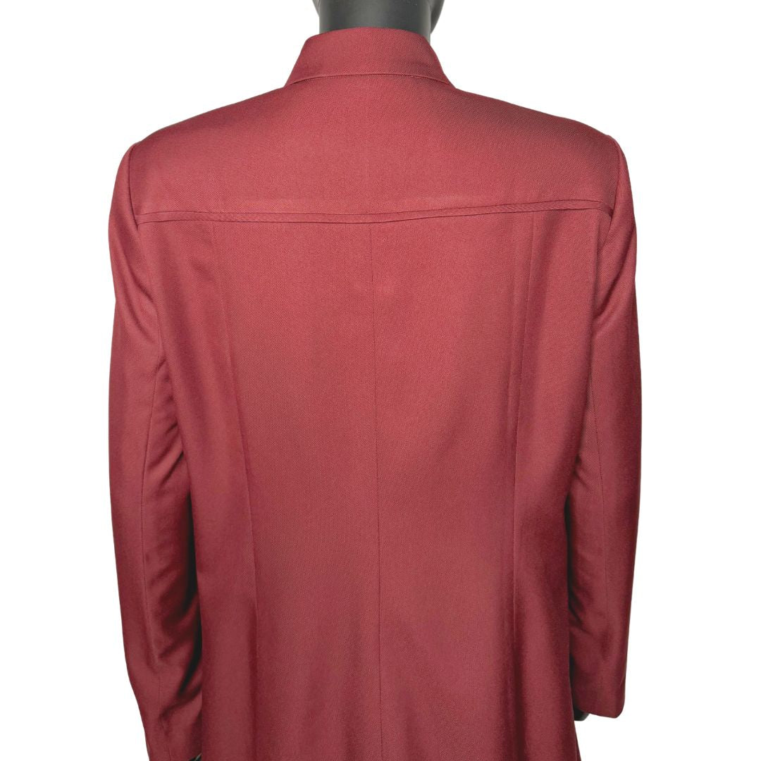 Upper body back view of the Najah three-piece maroon garment on a mannequin, designed for Muslim sisters in the Nation of Islam who value women's modest clothing.