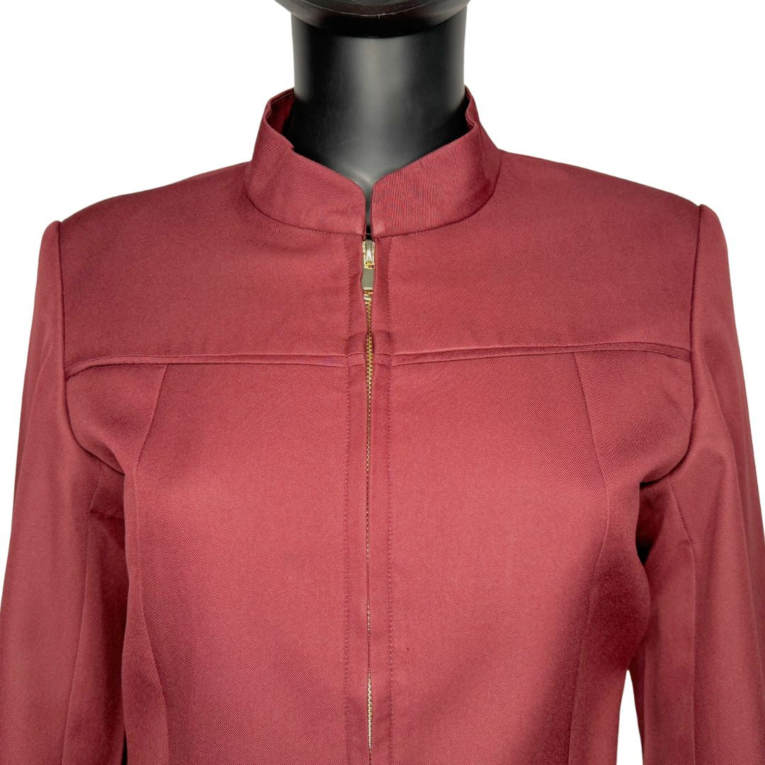 Upper body front view of the Najah three-piece maroon garment on a mannequin, designed for Muslim sisters in the Nation of Islam who value women's modest clothing.