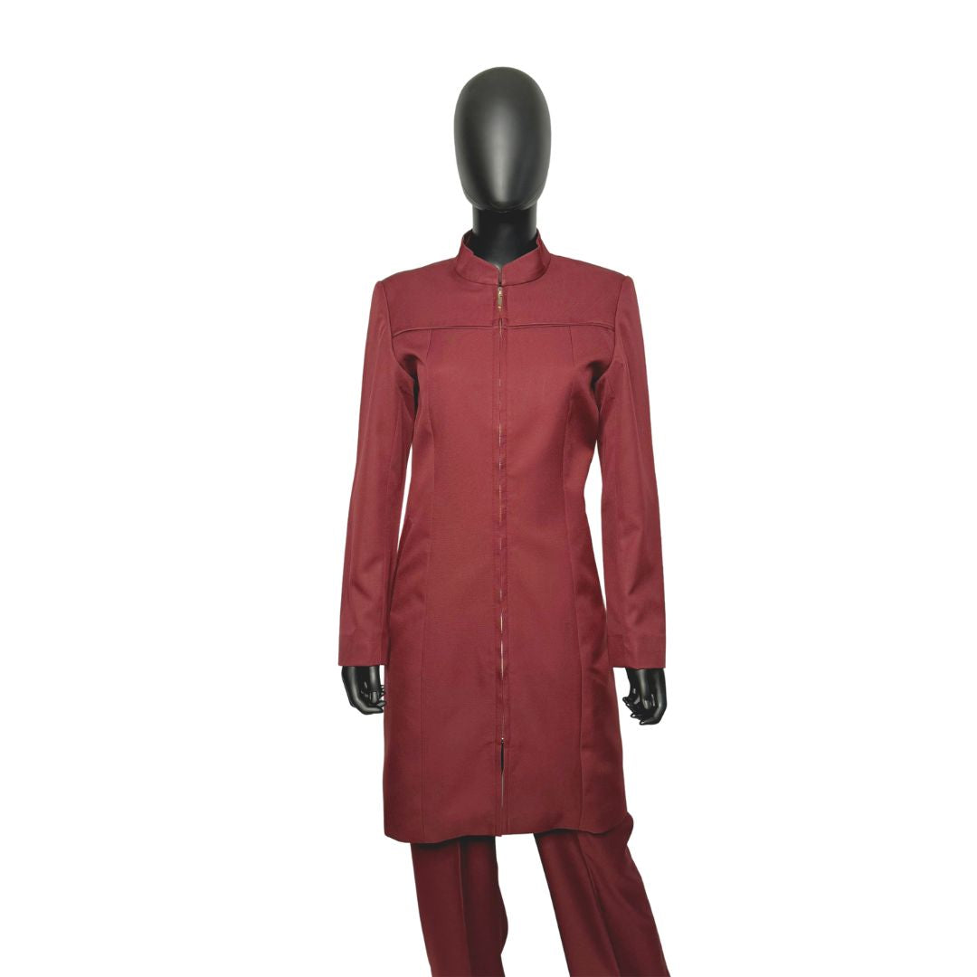 Whole body front view of the Najah three-piece maroon garment on a mannequin, designed for Muslim sisters in the Nation of Islam who value women's modest clothing.