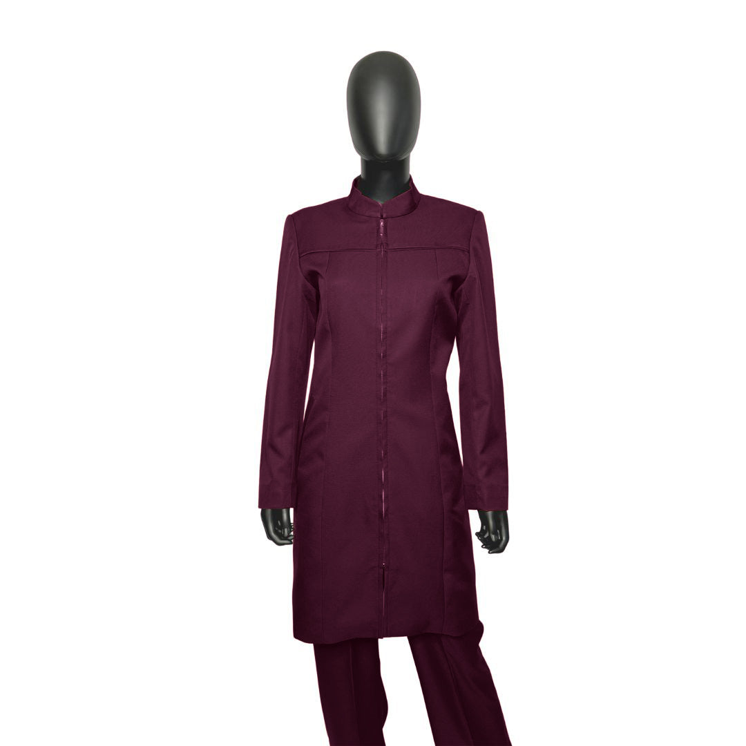 Whole body front view of the Najah three-piece mystic berry garment on a mannequin, designed for Muslim sisters in the Nation of Islam who value women's modest clothing.