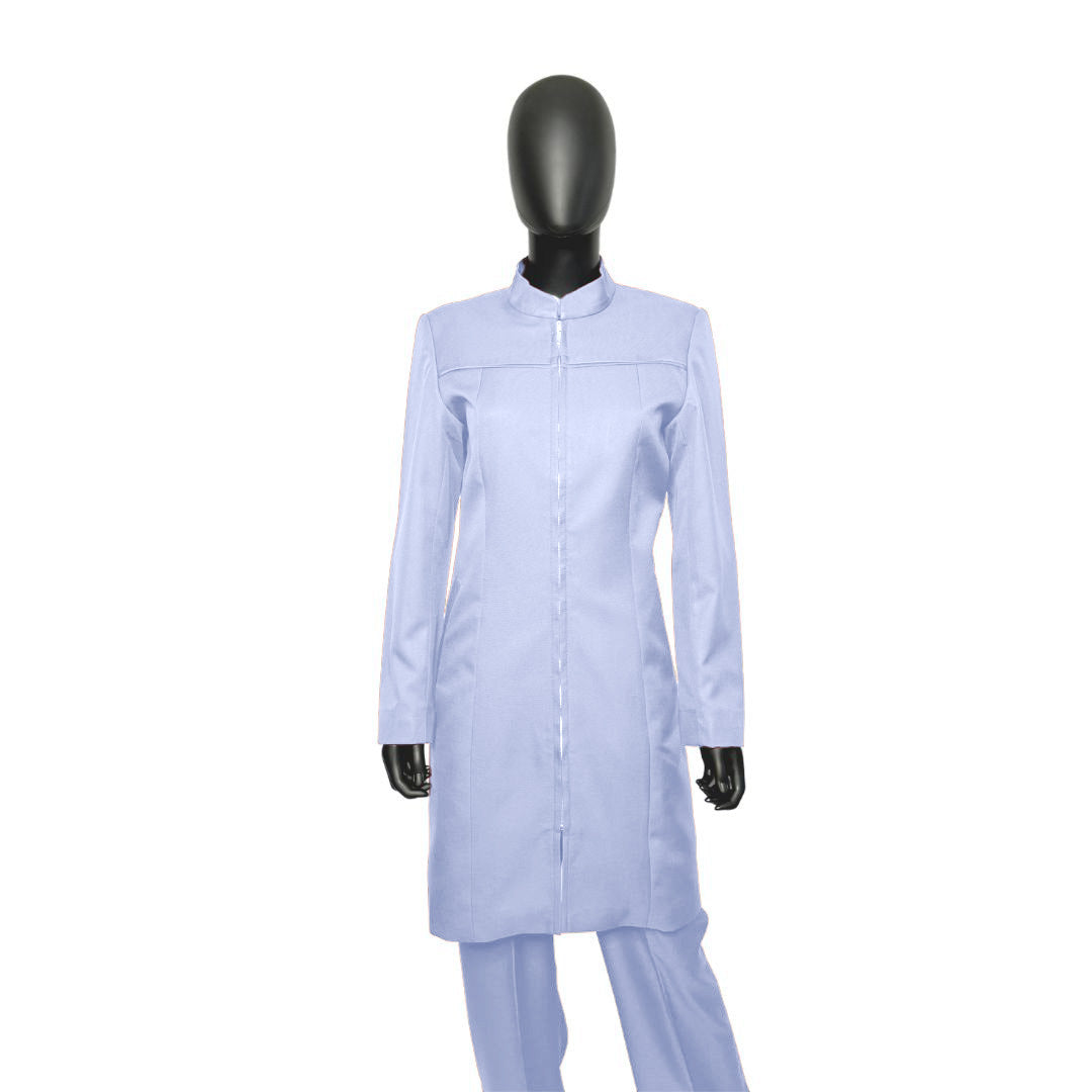 Whole body front view of the Najah three-piece pale periwinkle garment on a mannequin, designed for Muslim sisters in the Nation of Islam who value women's modest clothing.