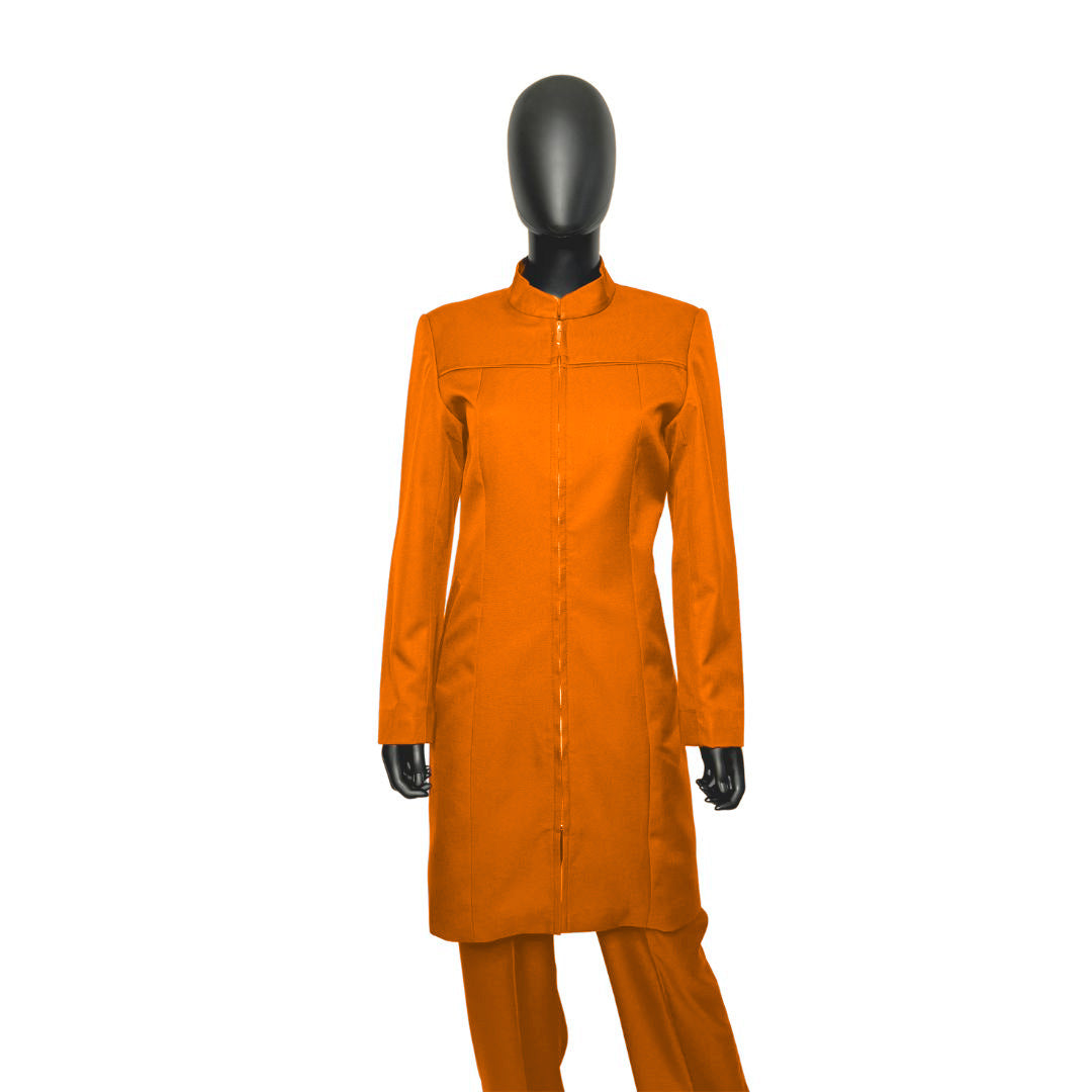 Whole body front view of the Najah three-piece pumpkin spice garment on a mannequin, designed for Muslim sisters in the Nation of Islam who value women's modest clothing.