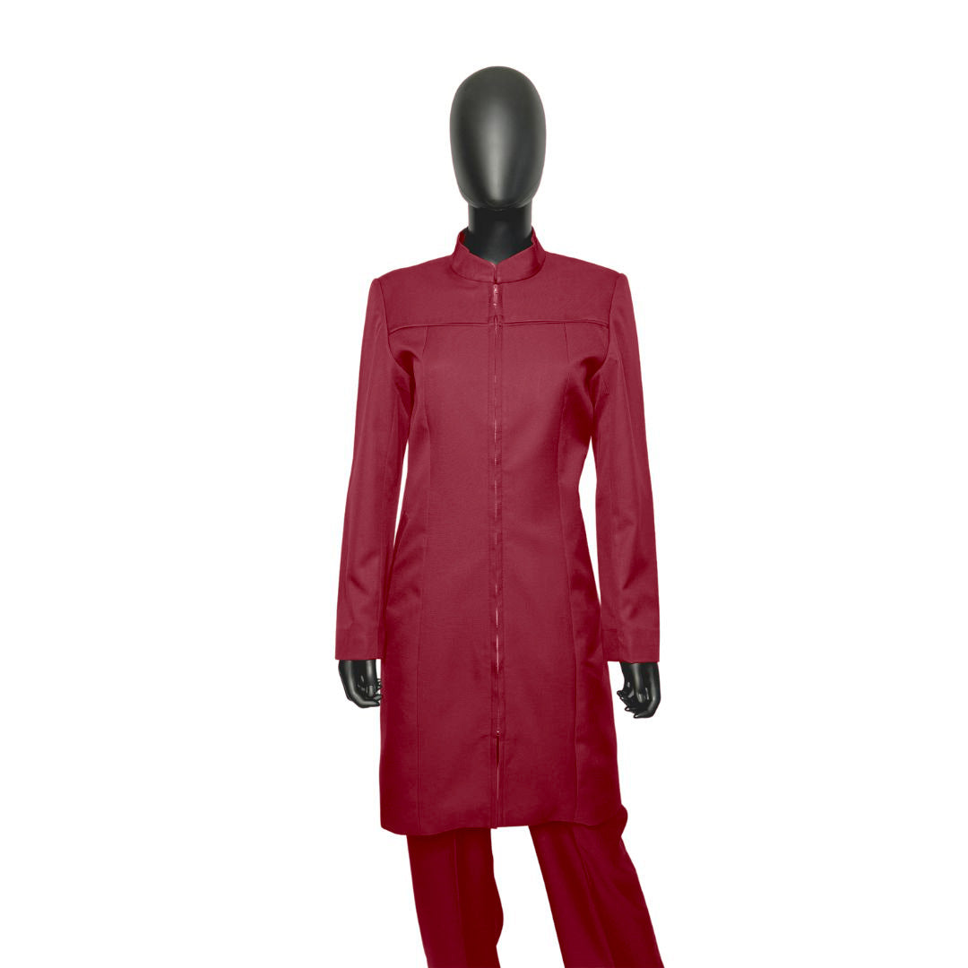 Whole body front view of the Najah three-piece radiant ruby garment on a mannequin, designed for Muslim sisters in the Nation of Islam who value women's modest clothing.