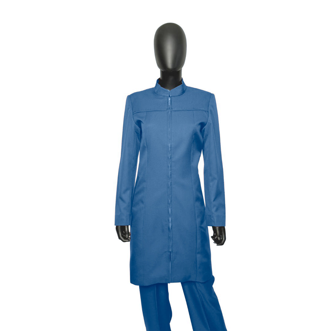 Whole body front view of the Najah three-piece steel blue garment on a mannequin, designed for Muslim sisters in the Nation of Islam who value women's modest clothing.