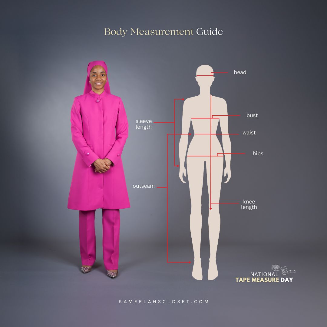 Body measurement guide for Nation of Islam women's modest clothing by Kameelah's Closet. Features a Muslim sister in modest attire and a labeled body illustration with measurement lines pointing to head, sleeve length, bust, waist, hips, outseam, and knee length.