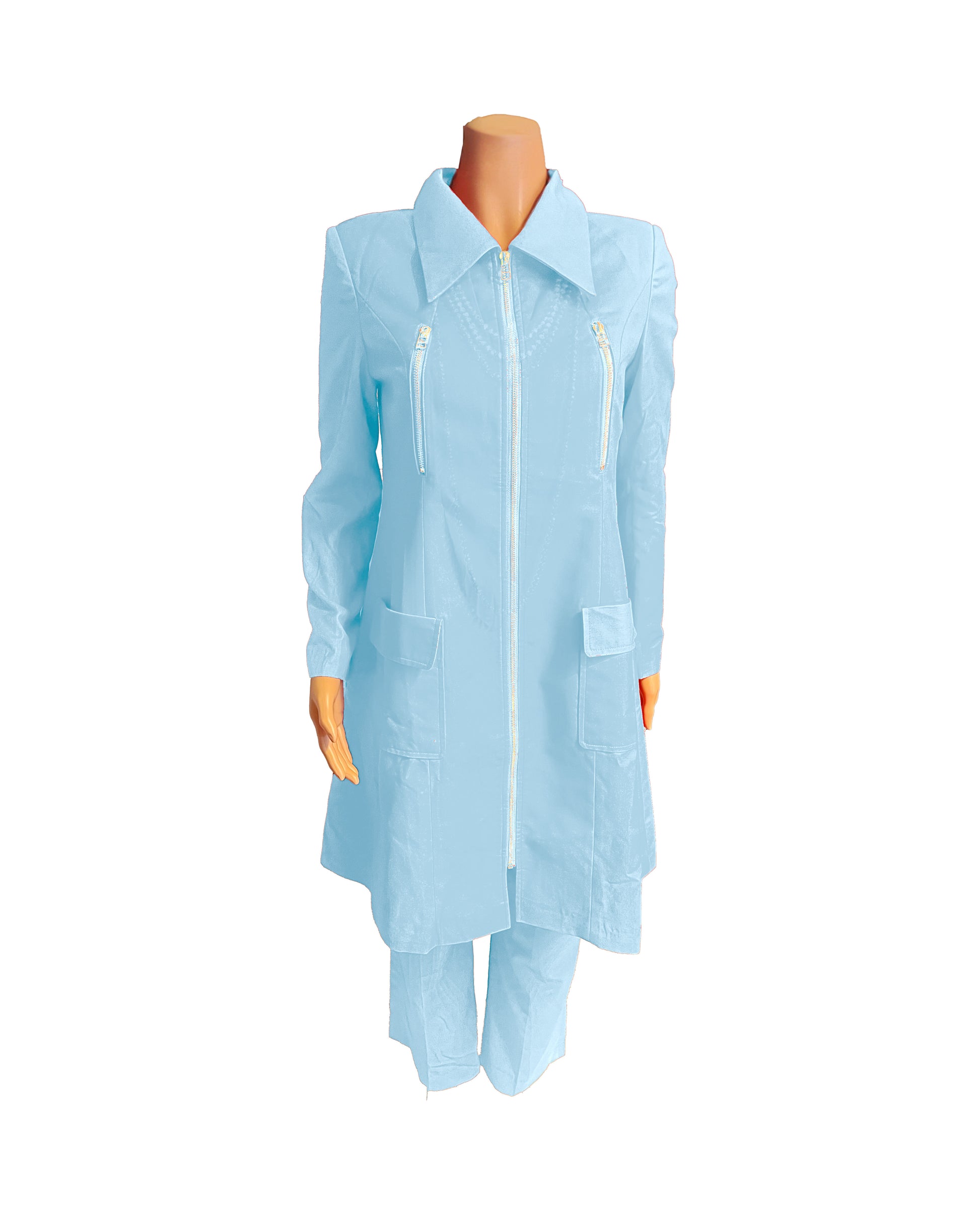 Whole body front view of the Rashidah three-piece baby blue garment on a mannequin, designed for Muslim sisters in the Nation of Islam who value women's modest clothing.