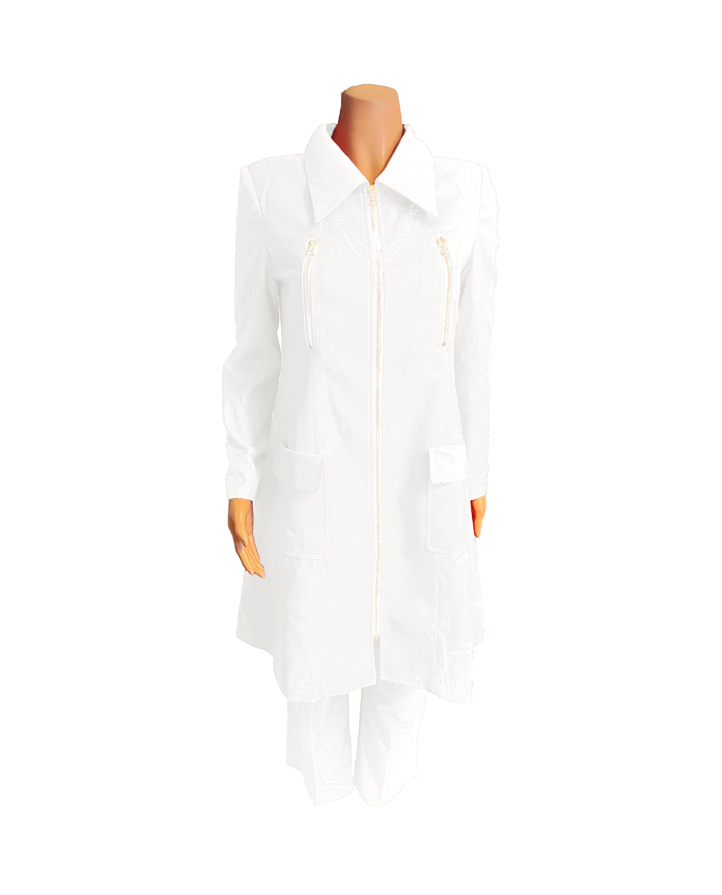 Whole body front view of the Rashidah three-piece brilliant white garment on a mannequin, designed for Muslim sisters in the Nation of Islam who value women's modest clothing.