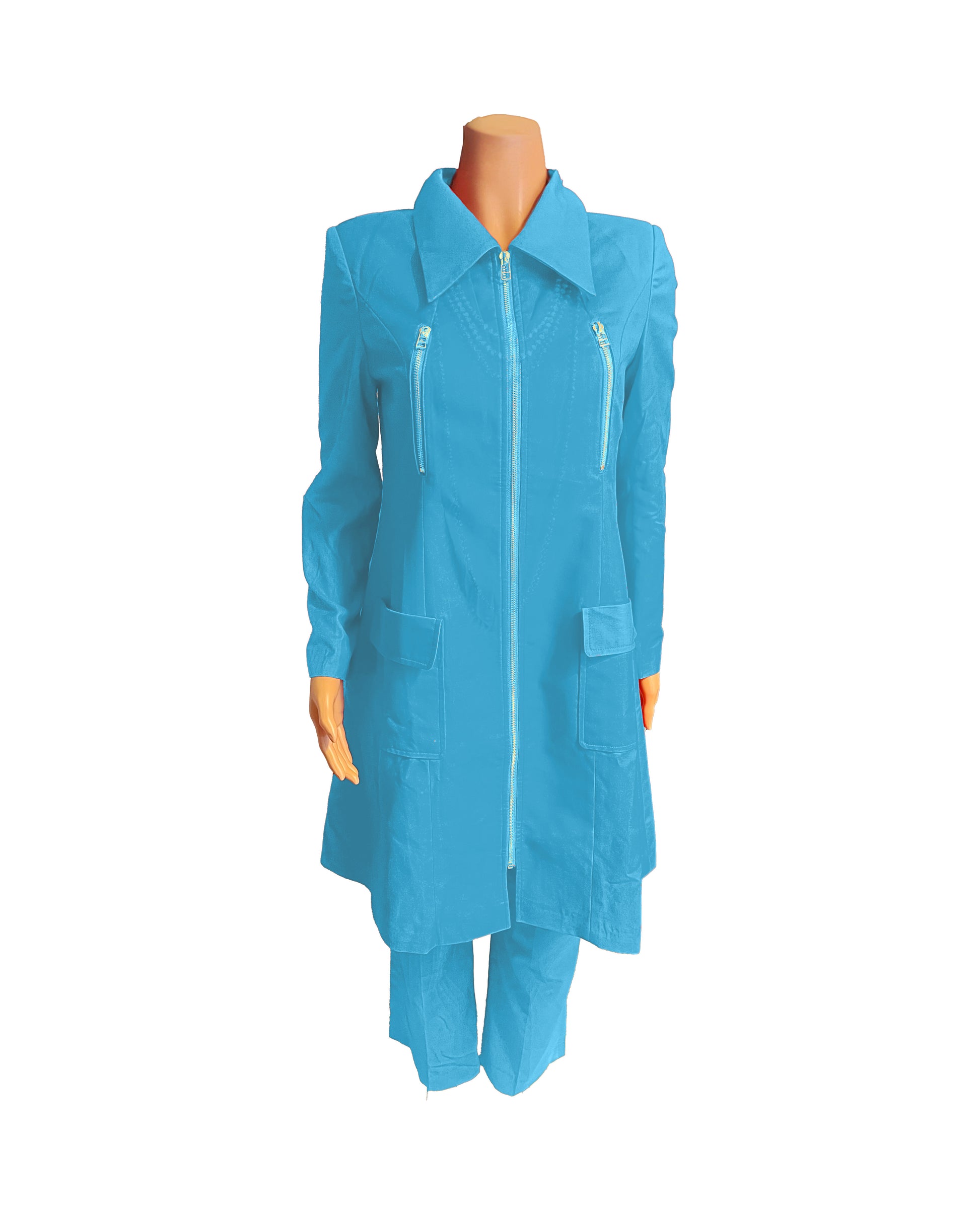 Whole body front view of the Rashidah three-piece cerulean wave garment on a mannequin, designed for Muslim sisters in the Nation of Islam who value women's modest clothing.