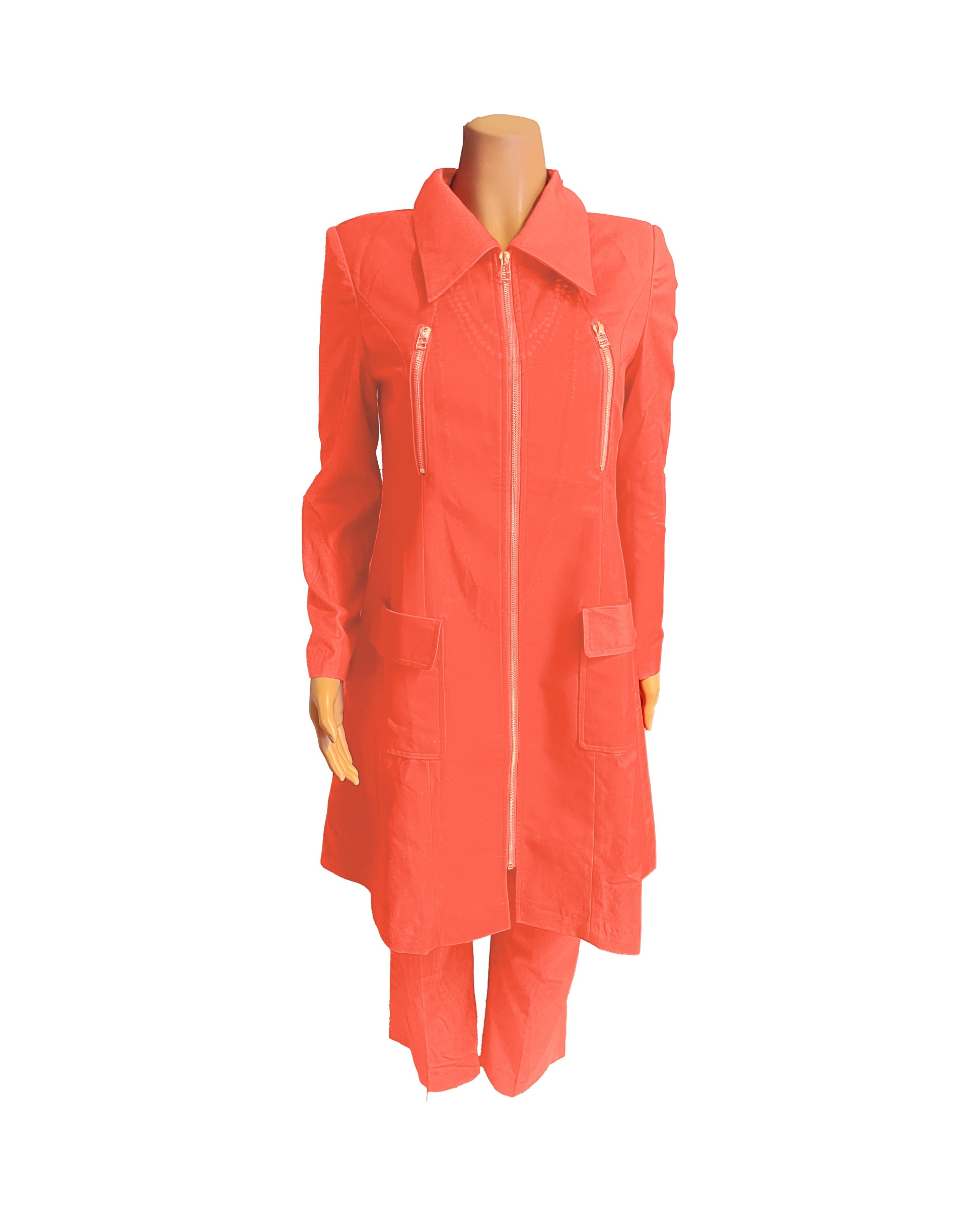 Whole body front view of the Rashidah three-piece coral blaze garment on a mannequin, designed for Muslim sisters in the Nation of Islam who value women's modest clothing.