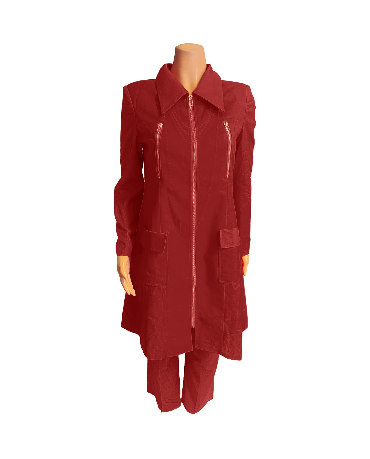 Whole body front view of the Rashidah three-piece crimson embrace garment on a mannequin, designed for Muslim sisters in the Nation of Islam who value women's modest clothing.