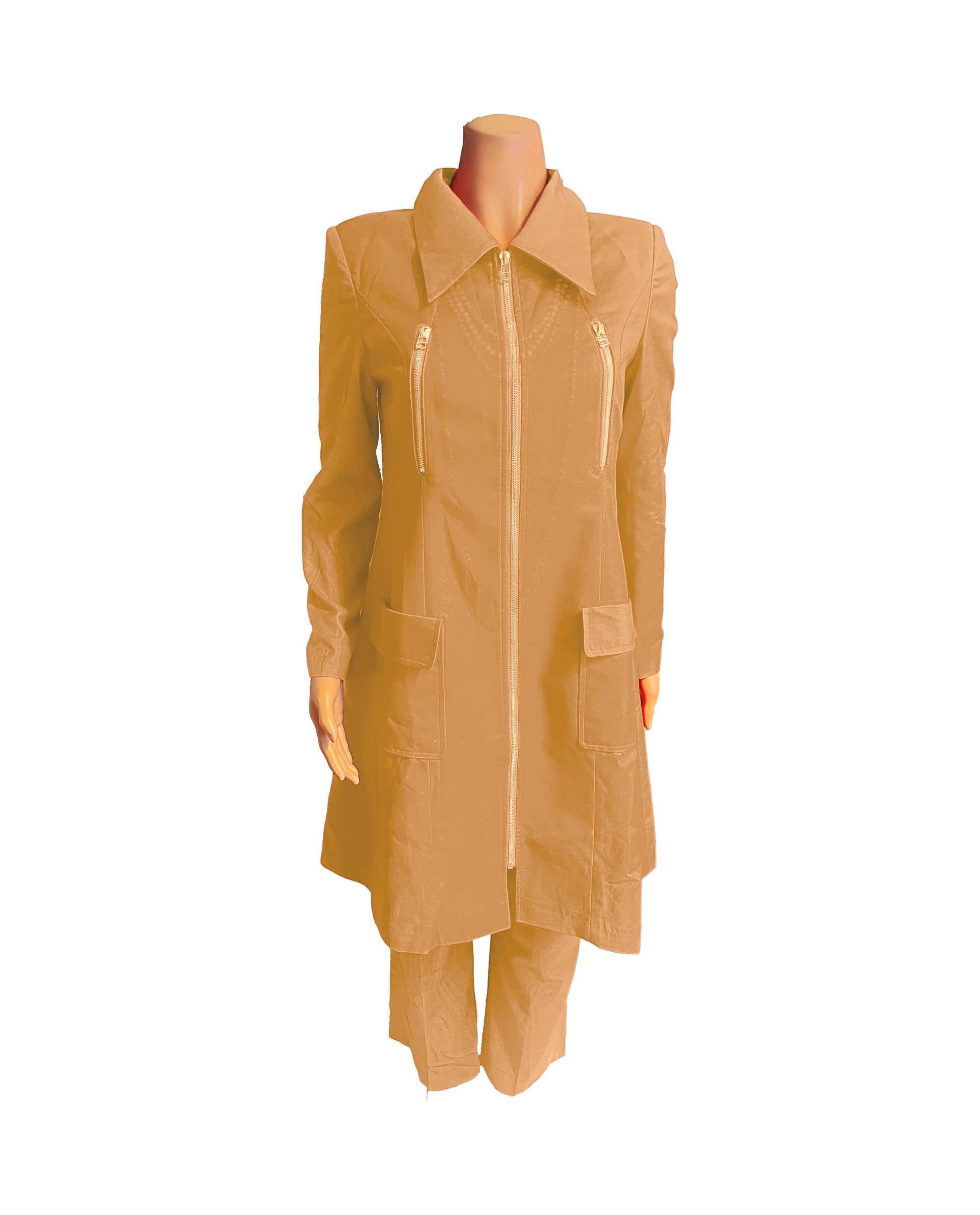 Whole body front view of the Rashidah three-piece desert peach garment on a mannequin, designed for Muslim sisters in the Nation of Islam who value women's modest clothing.