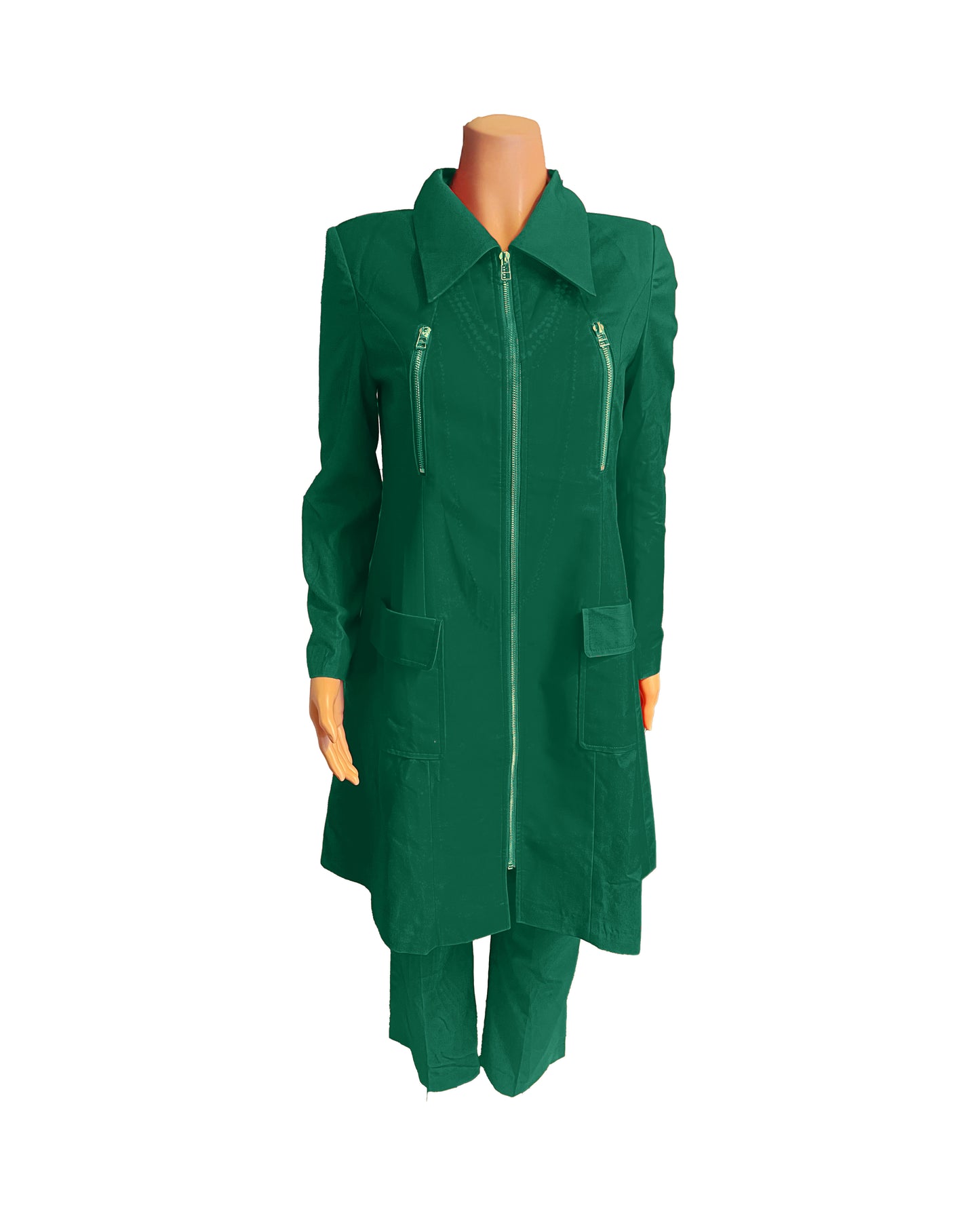 Whole body front view of the Rashidah three-piece emerald green garment on a mannequin, designed for Muslim sisters in the Nation of Islam who value women's modest clothing.