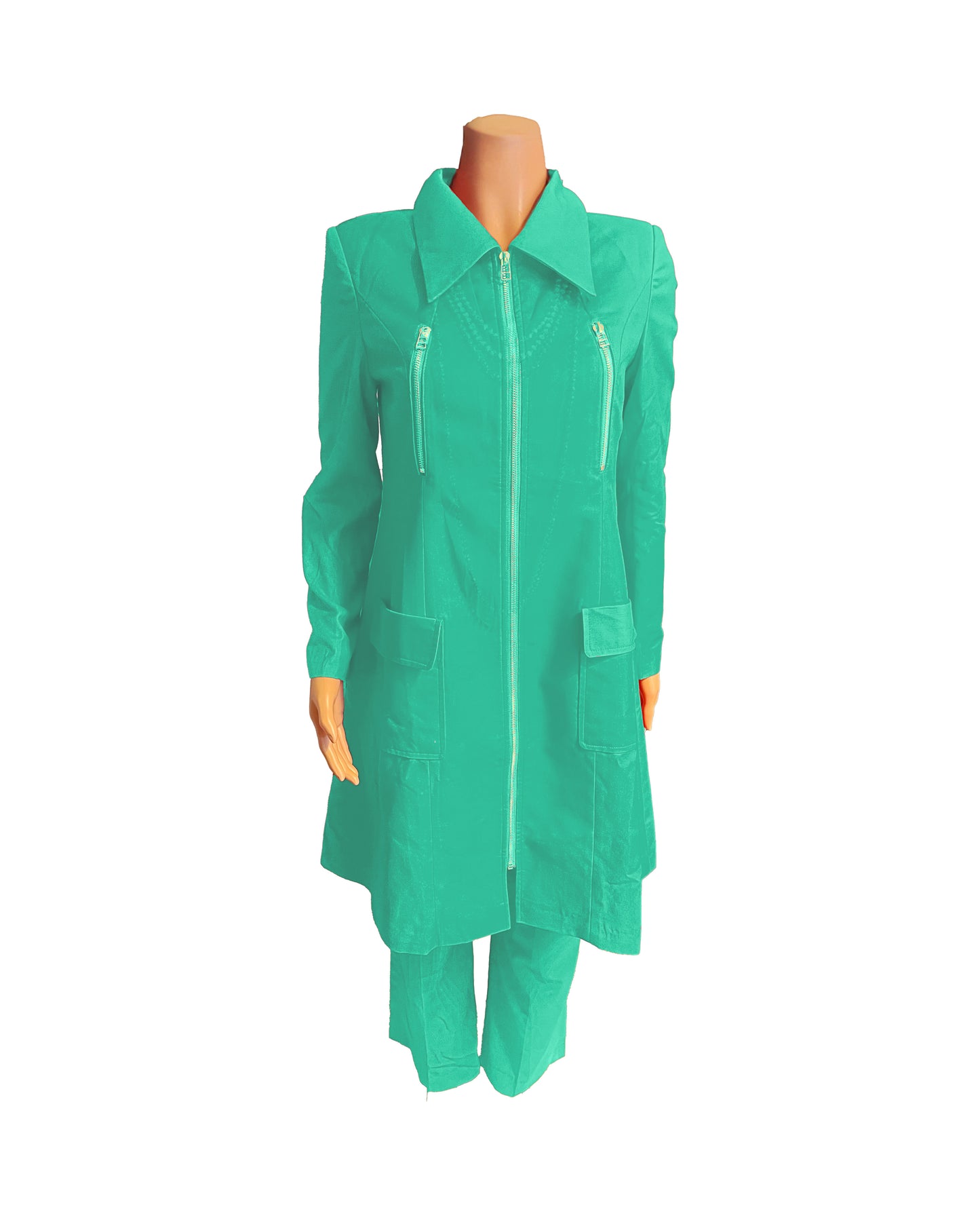 Whole body front view of the Rashidah three-piece jade glow garment on a mannequin, designed for Muslim sisters in the Nation of Islam who value women's modest clothing.