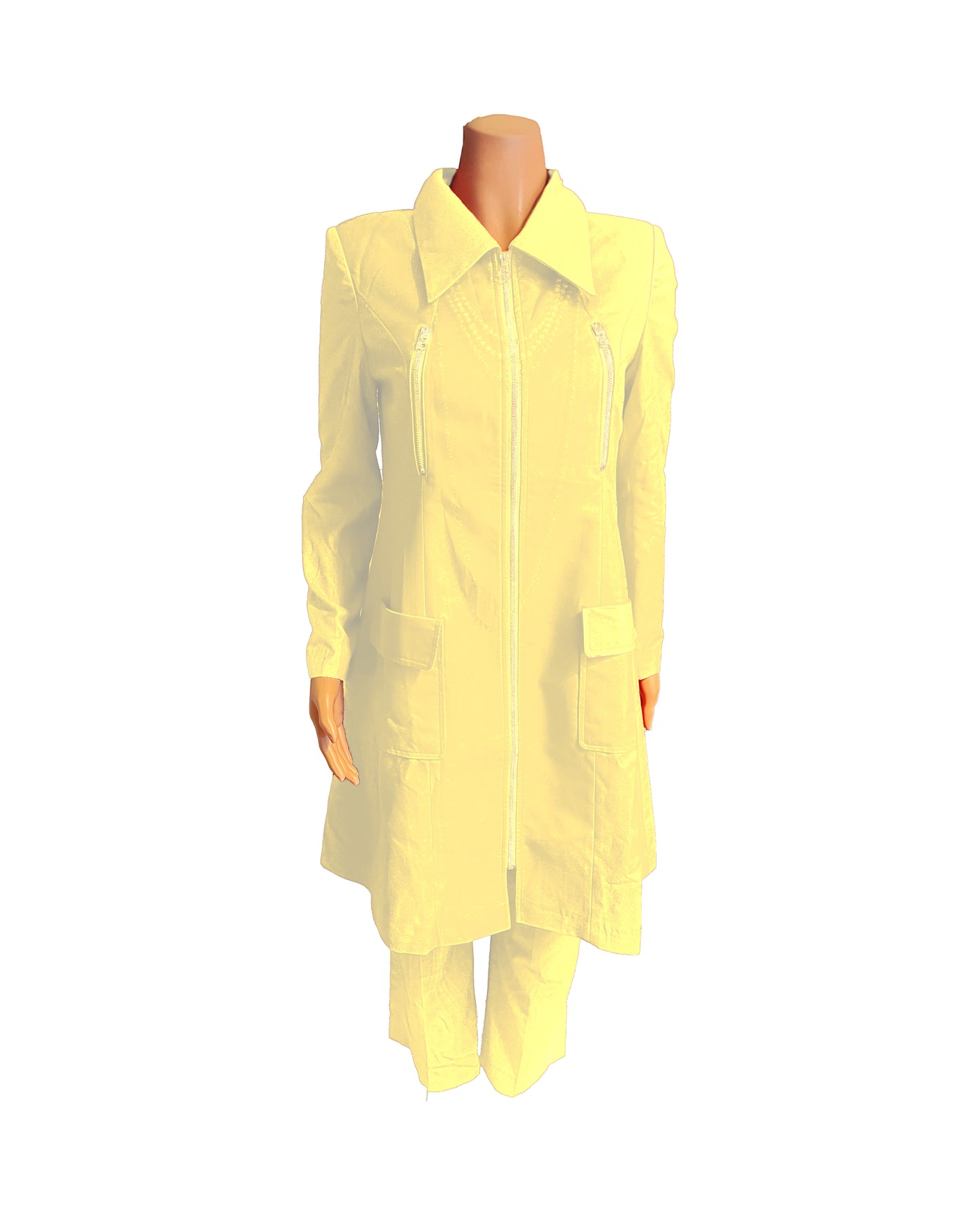 Whole body front view of the Rashidah three-piece lemon zest garment on a mannequin, designed for Muslim sisters in the Nation of Islam who value women's modest clothing.