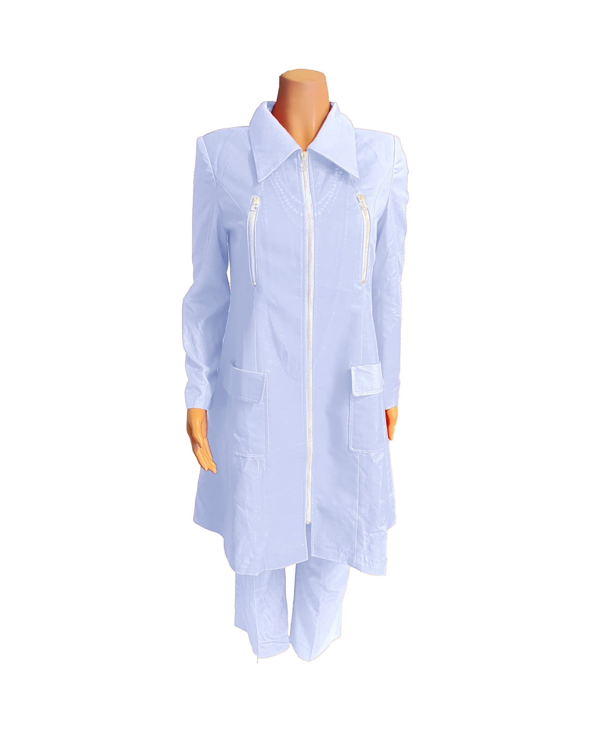 Whole body front view of the Rashidah three-piece pale periwinkle garment on a mannequin, designed for Muslim sisters in the Nation of Islam who value women's modest clothing.